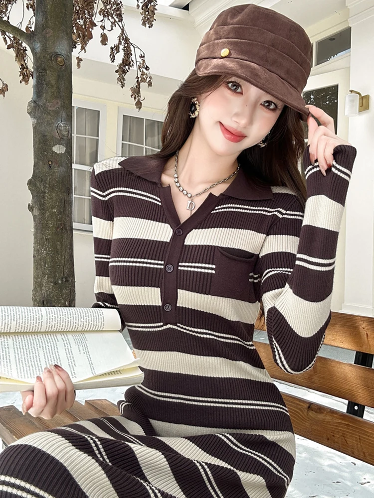 Autumn Winter Women Striped Polo Neck Knit Maxi Long Dress Slim Vintage Casual Office Party Commute Robe Vestidos Daily Wear New
