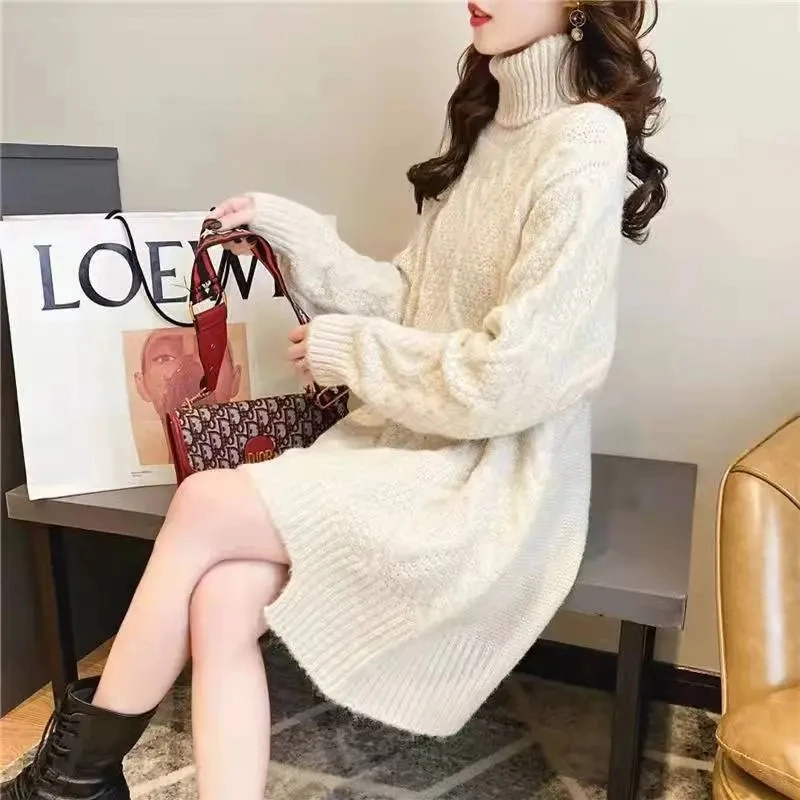 

Women's Long Turtleneck Pullover Sweater, Loose Knit Skirt, Wild Tops, Elegant Fashion, Solid Color, Autumn, Winter, New