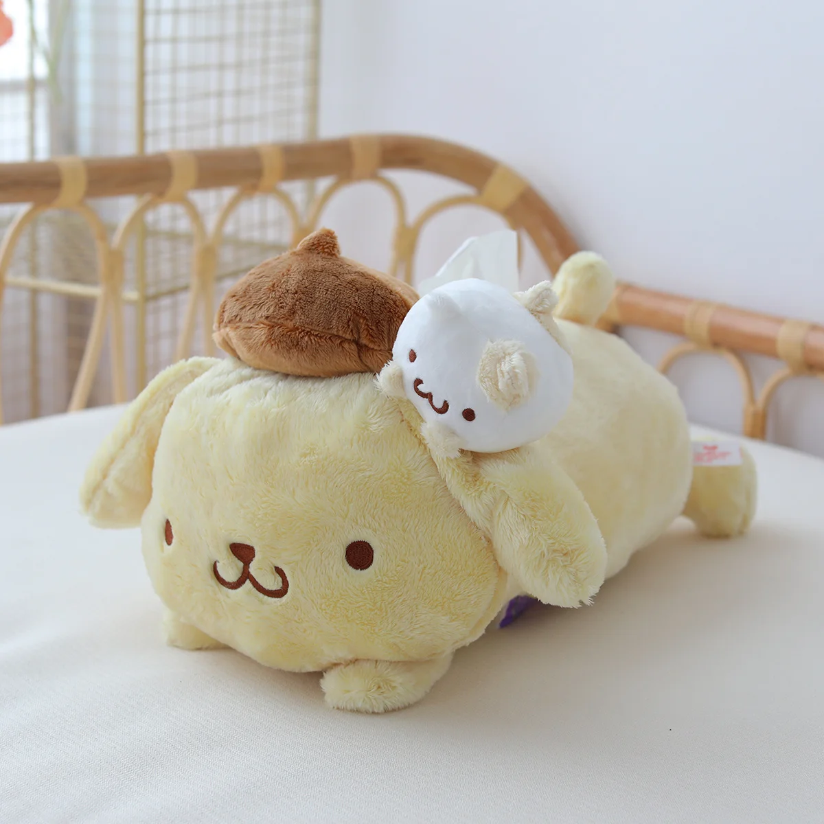 Süßes Sanrio Pom Pom Purin Taschentuch-Set, Plüschtier, Puppe, PomPomPurin, Taschentuchbezug, Cartoon, dekoratives Heimkissen