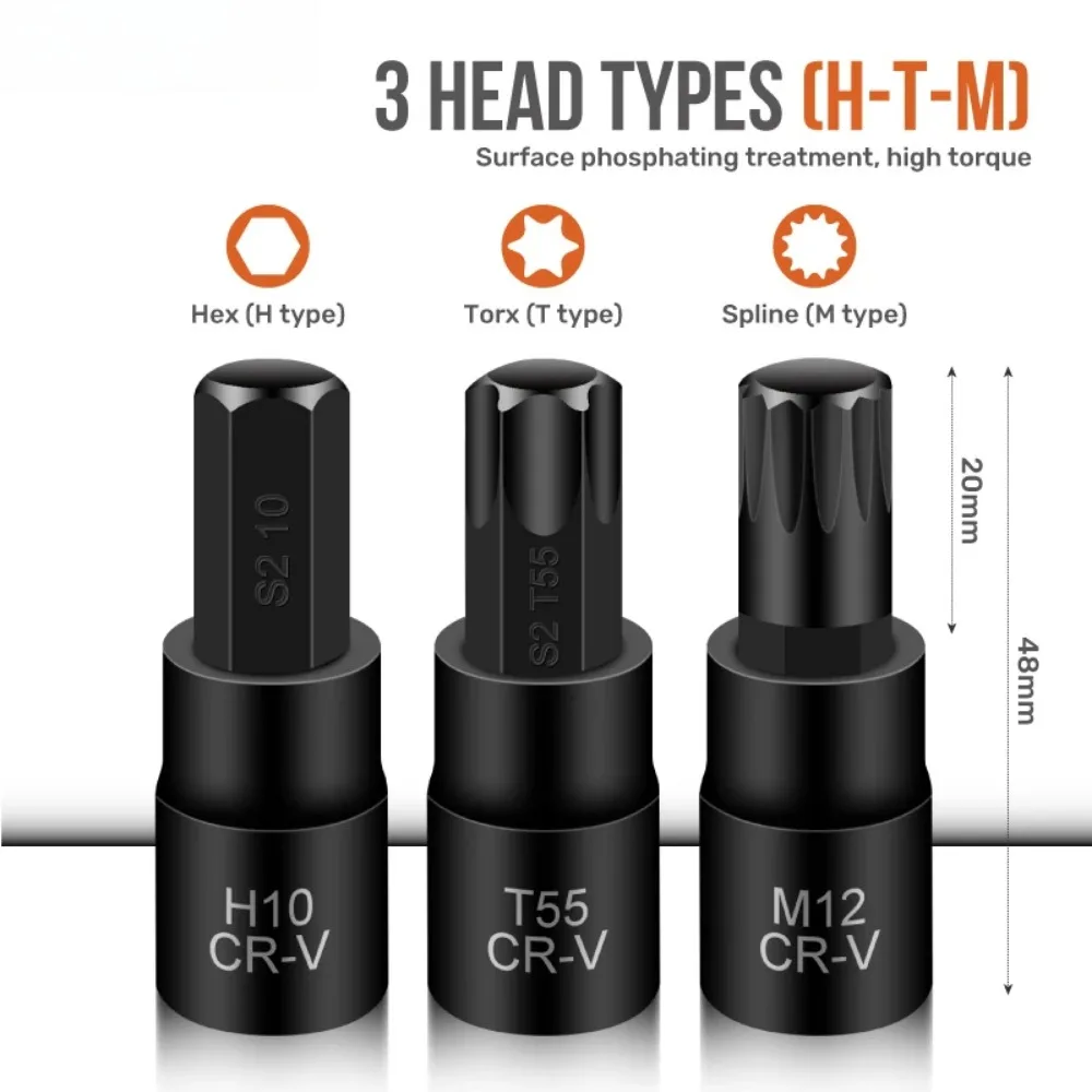 3/8 Inch Alloy Steel Hex Socket Set H3-14/T20-60/M4-16 Professional Plum/Hex/Spline Automotive Repair Tool Kit