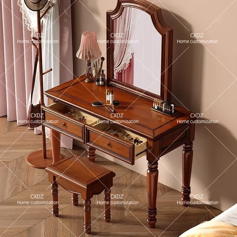 American Retro Solid Wood Dresser Walnut Makeup Table with Stool 1m Bedroom Vanity Set for Small Apartment Storage Furniture