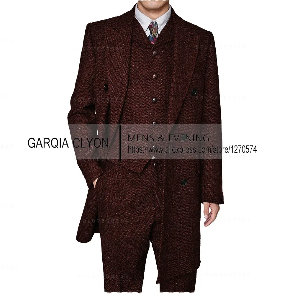 3 Pieces Men\'s Suits Formal Single Breasted Slim Fit Herringbone Tweed Wool Middle Long Style Groomsmen (Blazer+Vest+Pants)