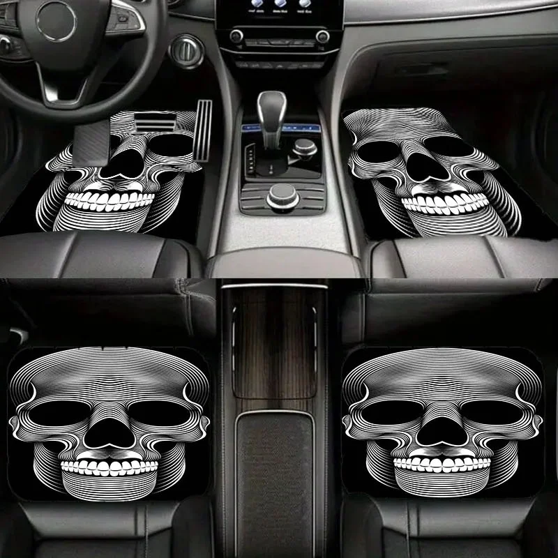 4pcs Car Floor Mats | Stylish Skull Pattern, Polyester Material, Universal Fit For Auto Interiors, Durable & Easy To Clean, Enha