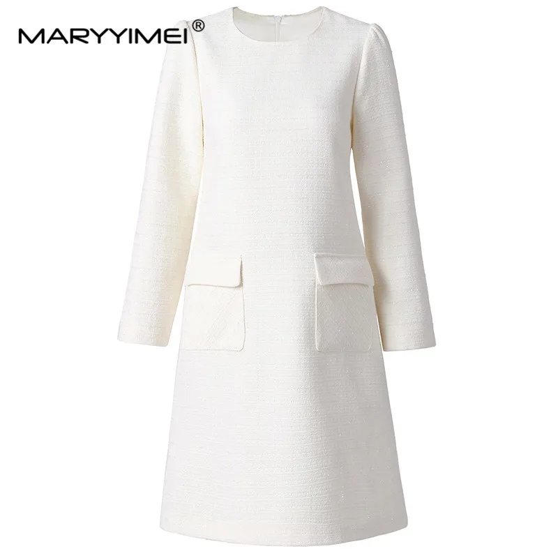 MARYYIMEI New Fashion Runway Designer Women's Light Luxury Elegant Slim Round Neck Long Sleeve Tweed Commuter MIDI Dress