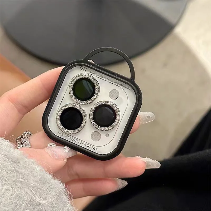 3-2 قطعة حامي الكاميرا الماس الفاخرة آيفون 17 16 15 14 13 برو ماكس زائد بريق حلقة عدسة الزجاج الخلفي غطاء العدسة غطاء لامع