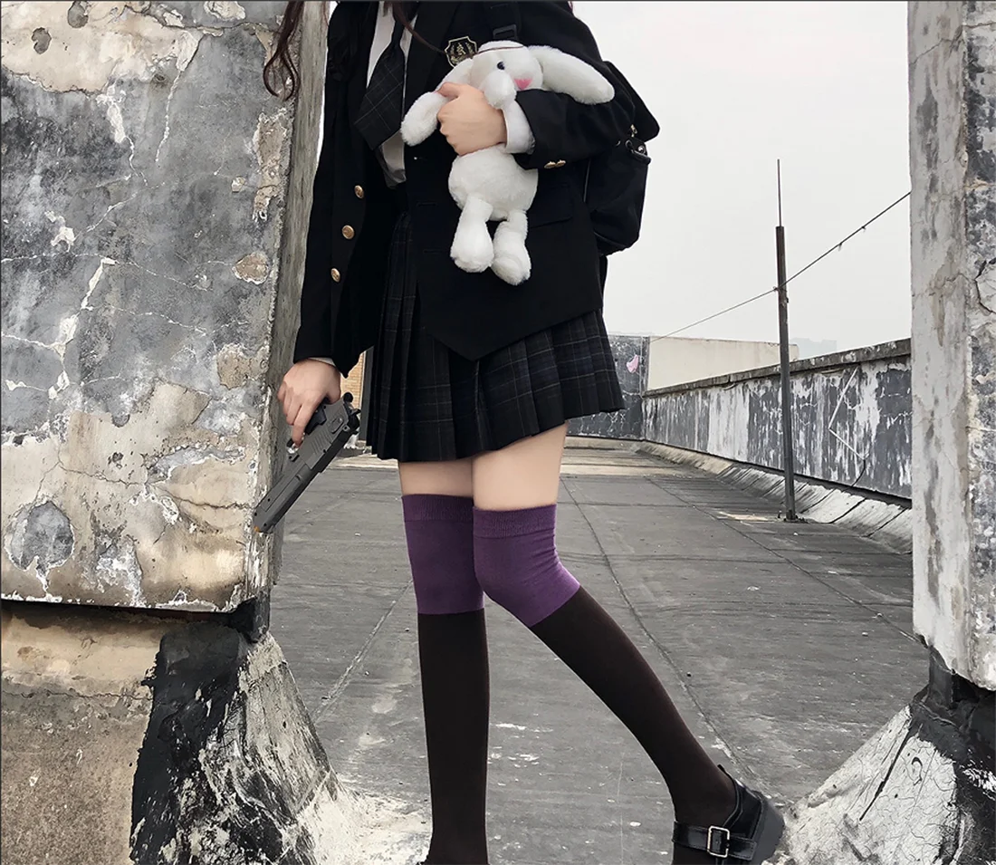 Women Warm Fashion Japanese Syle Cute Cool Lovely Black-Gray Black-Purple Spliced ​​Mid-Tube Over The Knee Half-Leg Long Socks