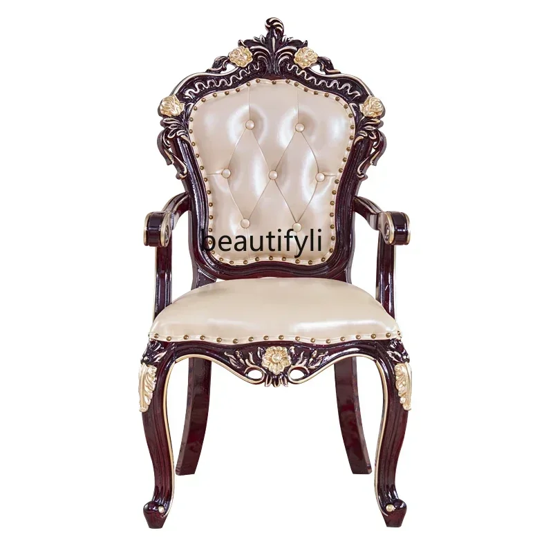 

European Dining Chair American Solid Wood Tea Table Master Chair Leather Art Armchair Book Chair American