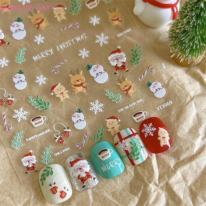 Exquisito relieve tridimensional Santa Claus Elk Nail Art Stickers dibujos animados copo de nieve decoración de uñas calcomanías regalos de navidad