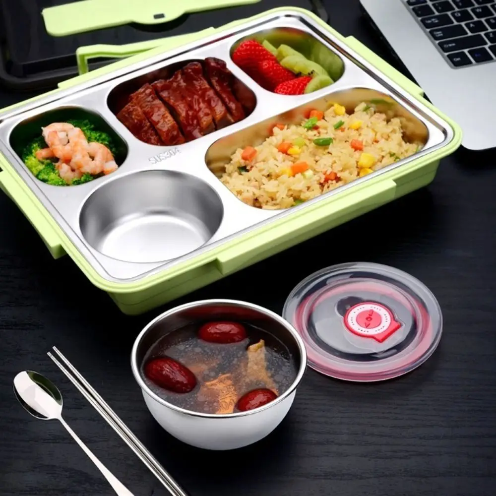 

Leakproof Stainless Steel Lunch Box Microwavable Food Grade Food Container Multi-Grid with Cutlery Lunch Container