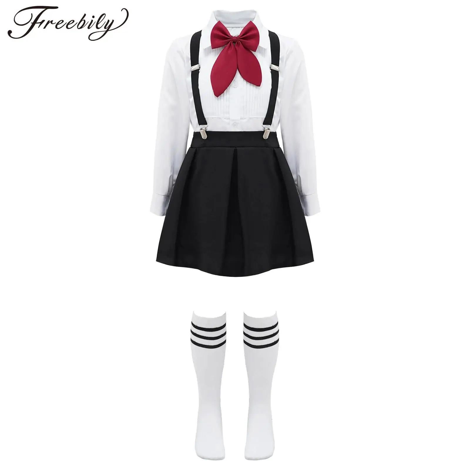 Kids Girls Student School Uniform Schoolgirl Costume Shirt Top with Suspenders Skirt Socks Sets Children Choir Performance Suit