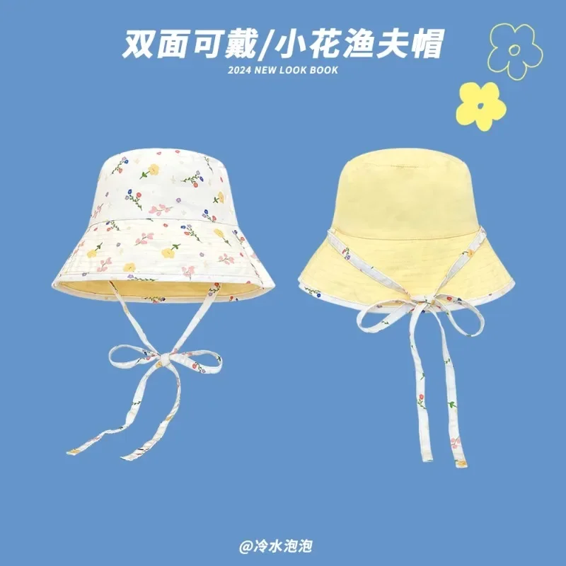 French Sweet Floral Double-sided Bucket Hats for Women Spring and Summer Big Brim Outdoor Sun Protection Cute Lace-up Sun Caps