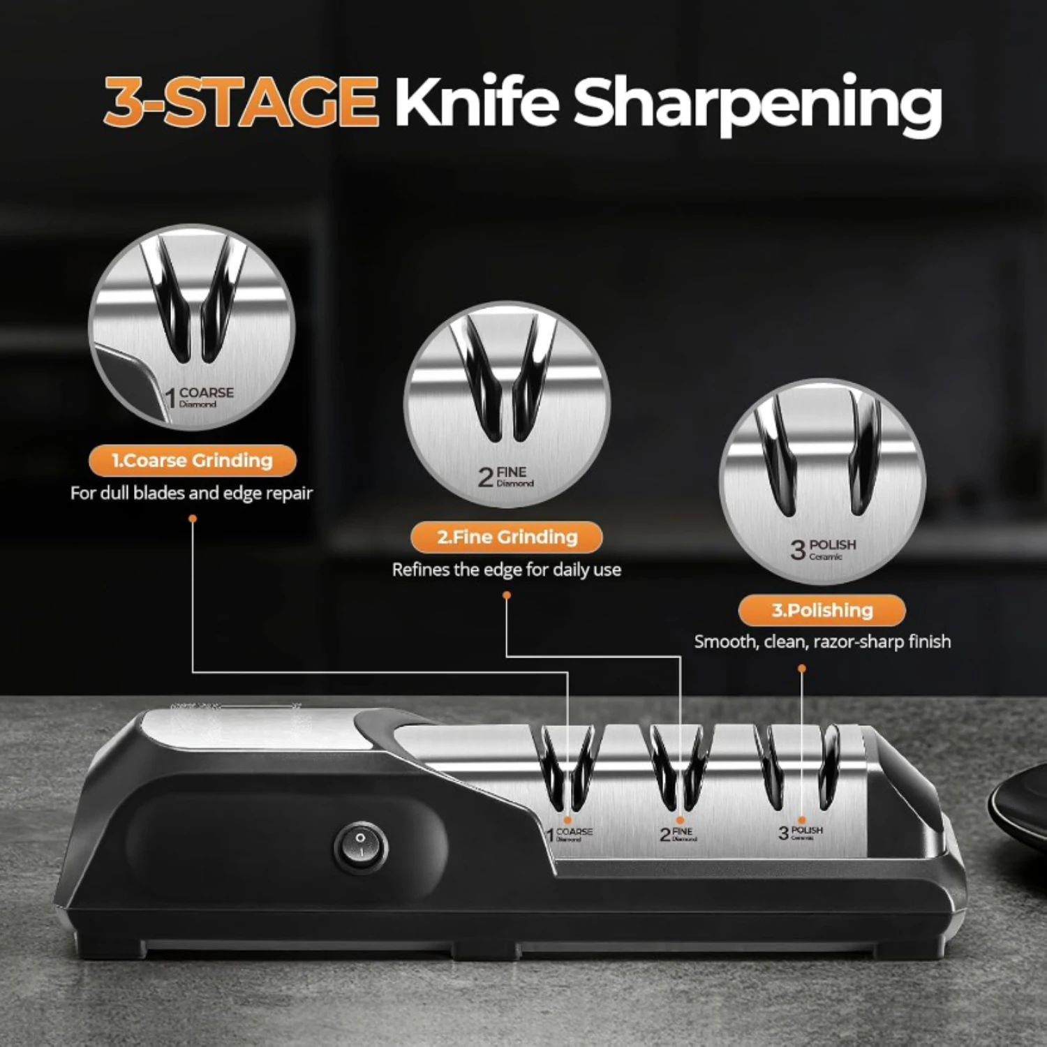 

Kitchen Electric Knife Sharpener: 3-Stage 100% Diamond Abrasives Knife Sharpeners with 15°Angle Electric Steel Sharpening Tool