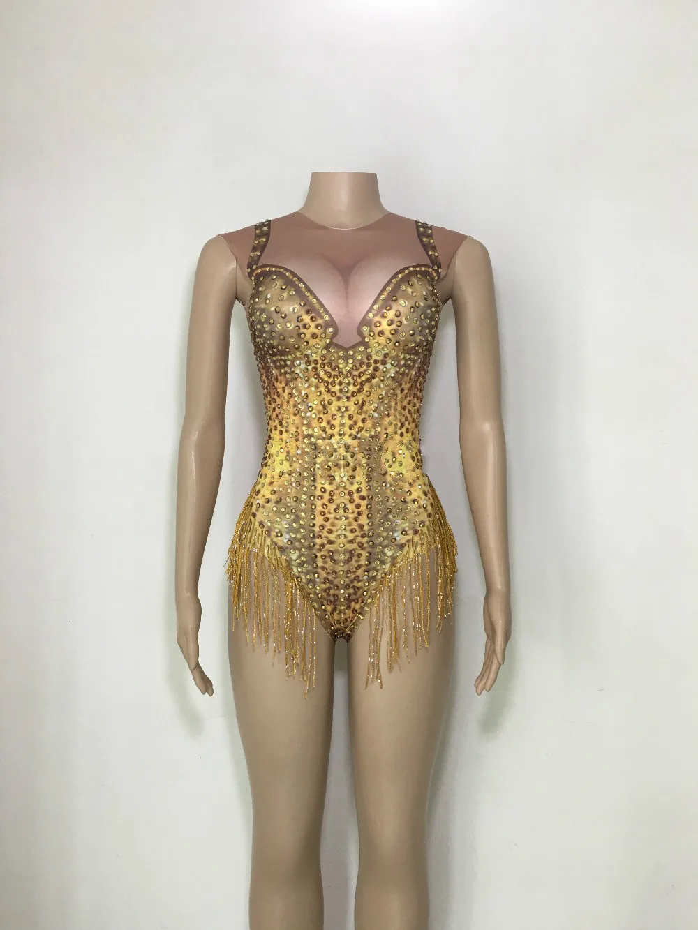 Sexy Nightclub Prom Dancing Costume One-piece Outfit Sparkly Gold Tassel Rhinestones Bodysuit Performance Stage Dance Wear
