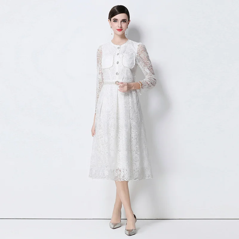 Luxury High-End Cutout Embroidery Floral Print Lace Dress Women Summer Retro Round Neck Single Breasted Comes with Lace-up Dress