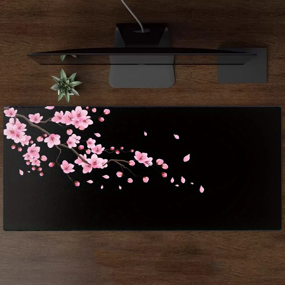 

Большой черный коврик для мыши в виде сакуры, настольный коврик, противоскользящий и прочный офисный аксессуар, игровой коврик для мыши
