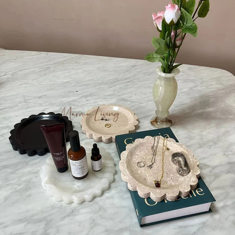 Natural Jade Onyx Jewelry Marble Round Scalloped Tray Designer Travertine Stone Living Room Bedroom Creative Decor