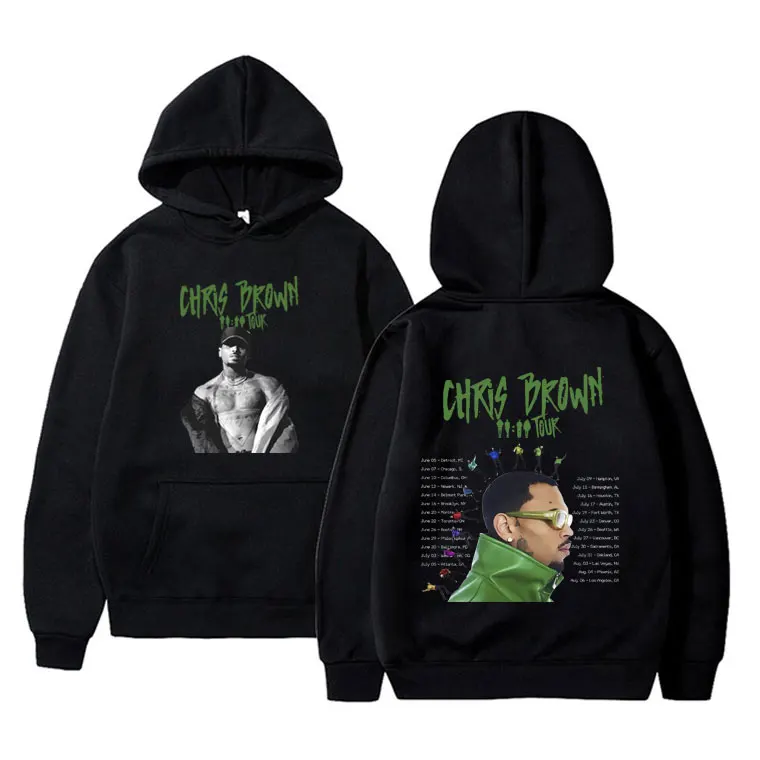 

Best Famous Rapper Chris Brown 11:11 Tour Double Sided Print Hoodie Men Women Hip Hop Fashion Tracksuit Male Oversized Hoodies