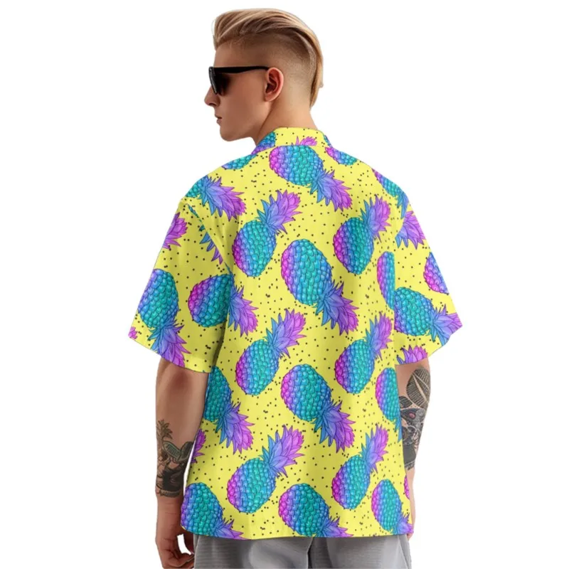 Pineapples Print Shirt Men's Yellow Hawaiian Chest Pocket Shirt Casual Short Sleeve Daily Smart Business Shirt For Men