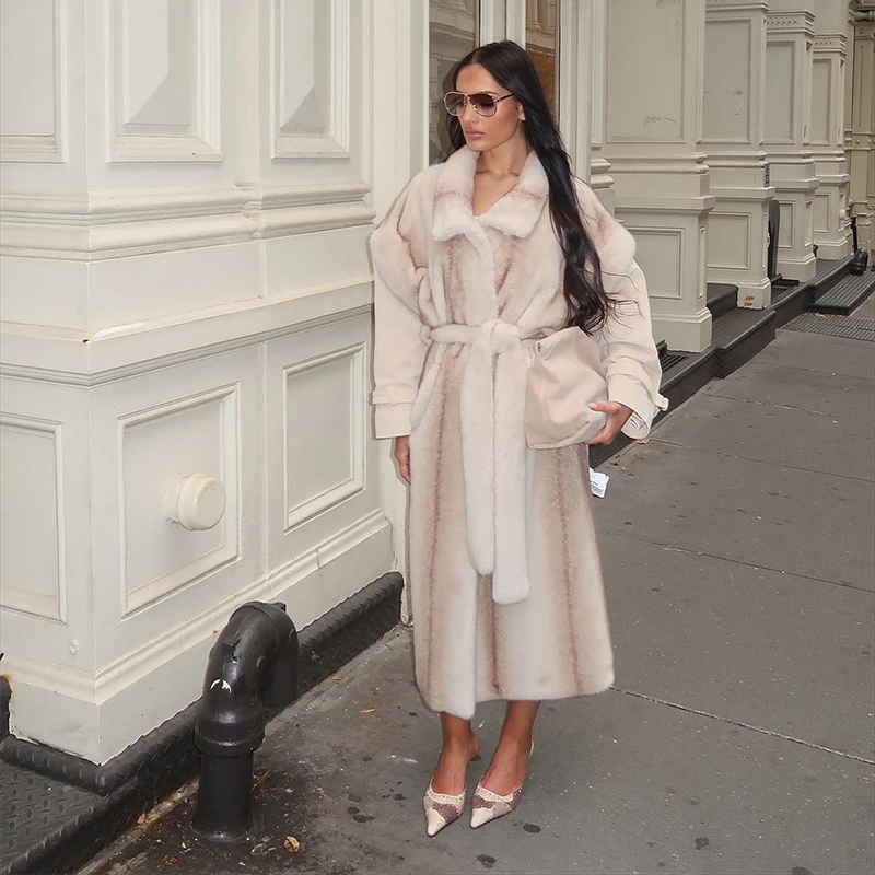 Engrossar casaco de inverno feminino luxo pele do falso jaquetas longas com cinto lapela manga curta solto outwear 2025 novos casacos quentes senhora