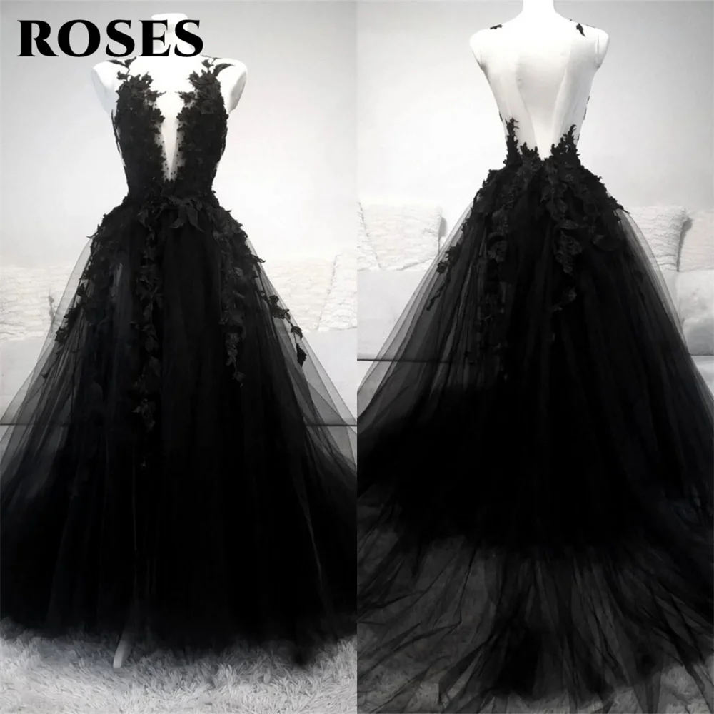 Black V-Neck Tulle Evening Gown Lace Long Prom Dresses Black A-Line Evening Dresses A Line Appliques Formal Dresses Custom Size