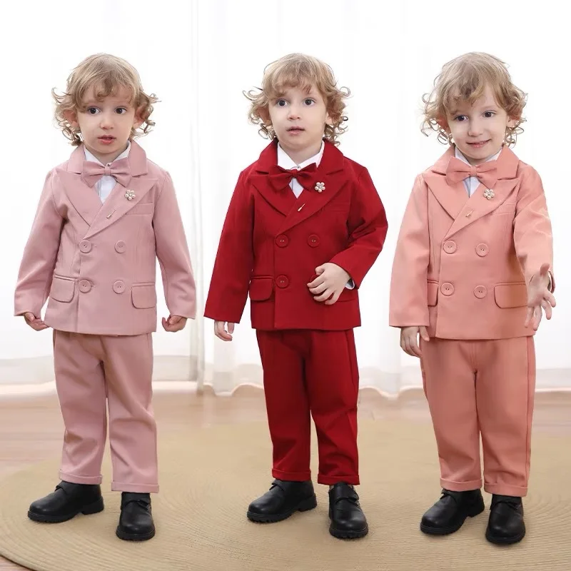 

Children Slim Fit Red Pink Jacket Vest Pants Bowtie 4PCS Photograph Suit Kids Piano Host Performance Dress Boy's Wedding Suit