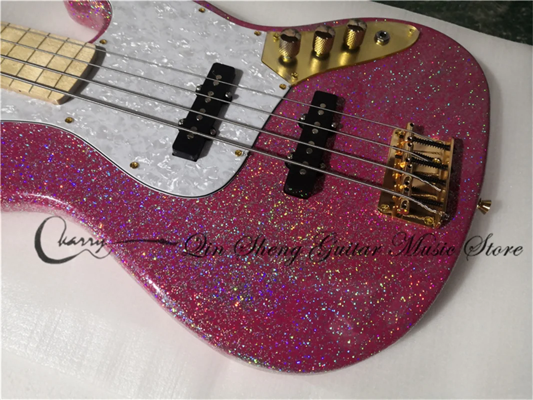 4 strings bass guitar, jaz bass Pink Silver powder particles body,gold buttons,white pearl pickguard fixed bridge gold tuners