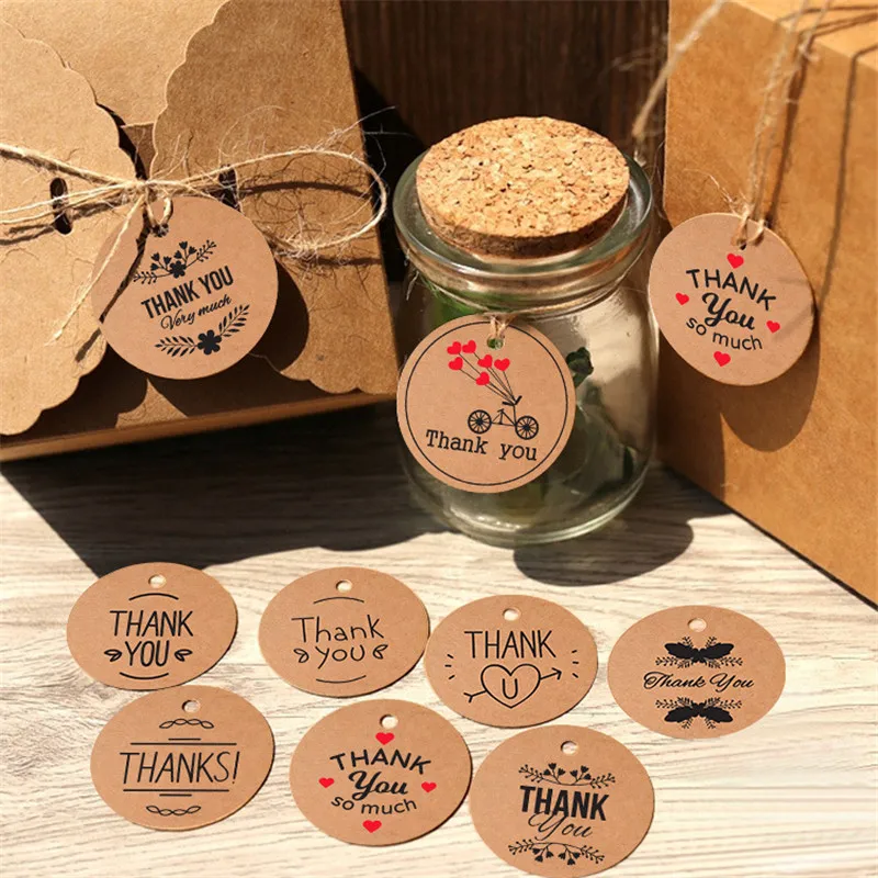 100PCS/pack Of round label Craft Gift label and natural jute thread kraft paper label Party Stickers