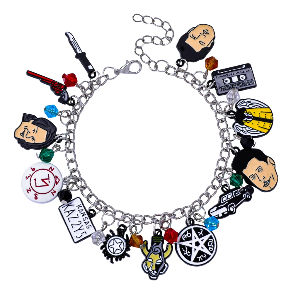 Supernatural TV Show Themed Charm Bracelet with Winchester Brothers Castiel Anti-Possession Symbol Impala Charms