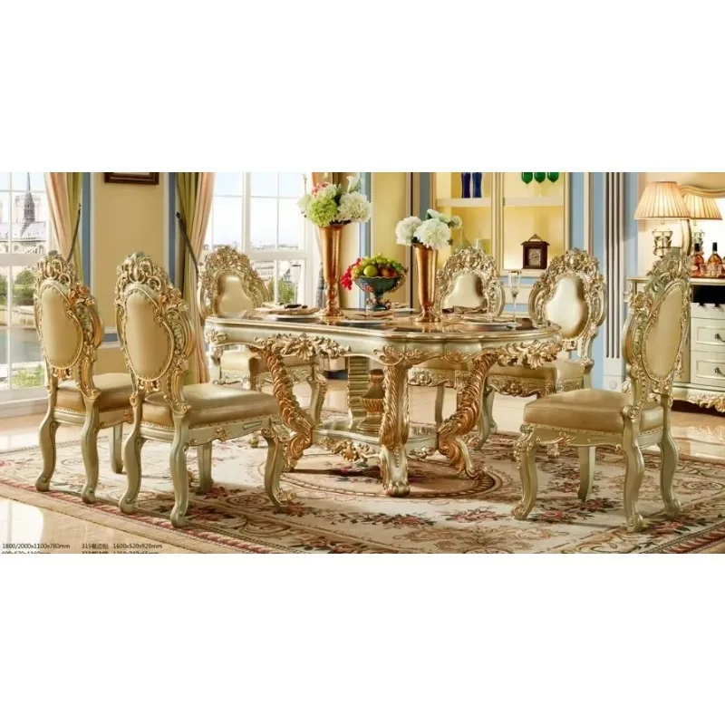 European Classic Dining Table and Chair Set Luxury Rectangle Champagne Gold Solid Wood Royal Long Dinner Tables With Chairs