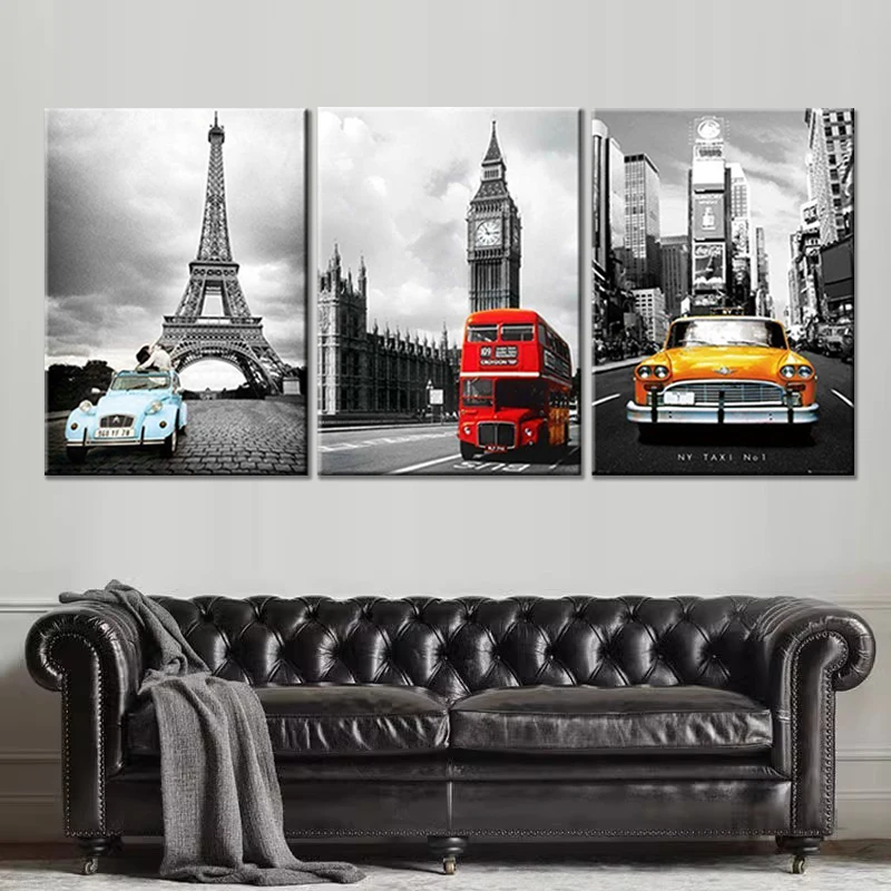 

Tower New York City Car Landscape Wall Art 3 Pieces Paris Painting Prints Big Ben Poster Canvas Pictures Living Room Home Decor