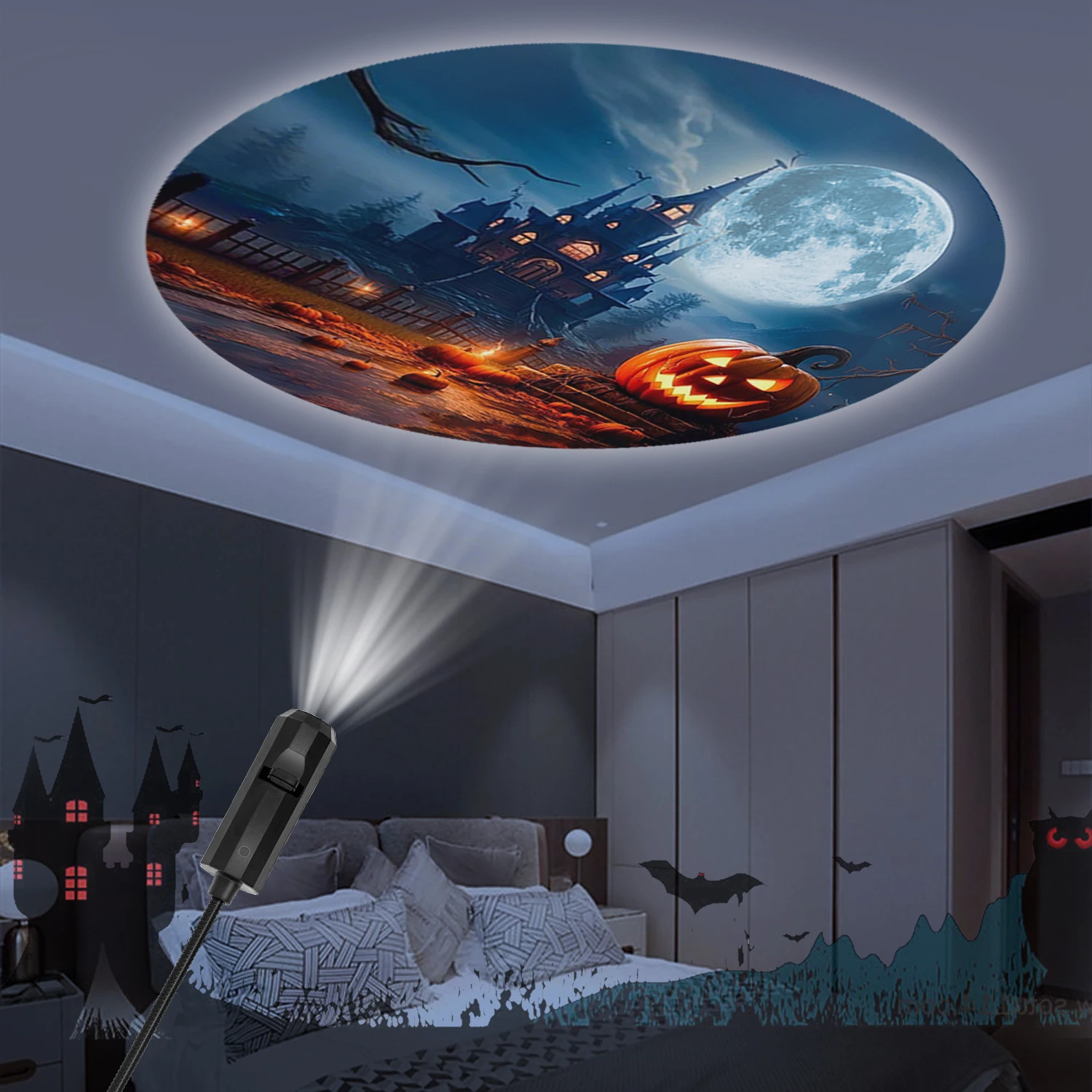 ضوء عرض جو LED، تصميم إبداعي لرأس اليقطين والقلعة، ضوء جو الهالوين، إضاءة مصباح USB