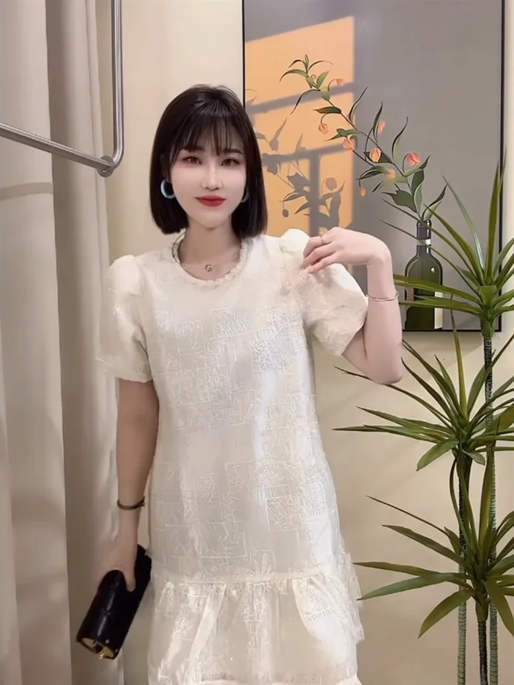 

plus Size Women's Summer Dr Pearl Collar Embroidered Bubble Sve Midi Length Casual Fairy Skirt ort Sve Casual Wear