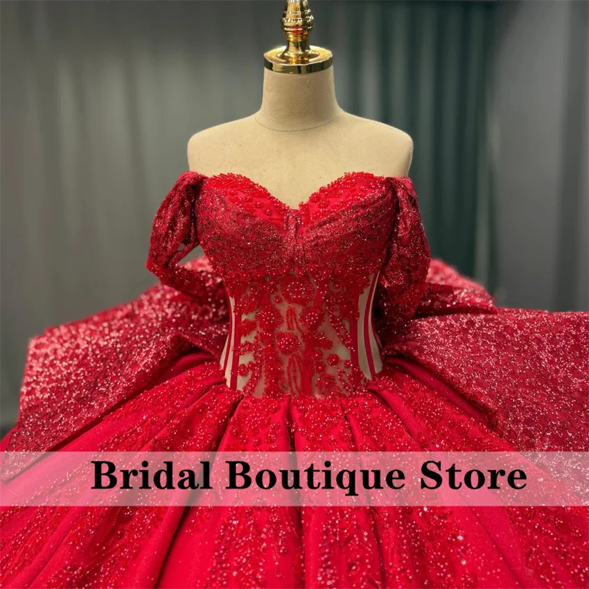 Robe de Quinceanera rouge avec nœud en cœur, robe de bal avec des appliques de perles, robe de luxe pour fête d'anniversaire, à volants, personnalisée, 16 ans, 2026