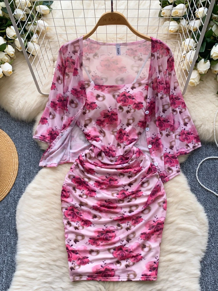 Short Dress Women Dresses Full Sleeve Coats Vestidos Y2k Streetwear Sleeveless Wrap Hip Print Floral Elegant Splice Party Night