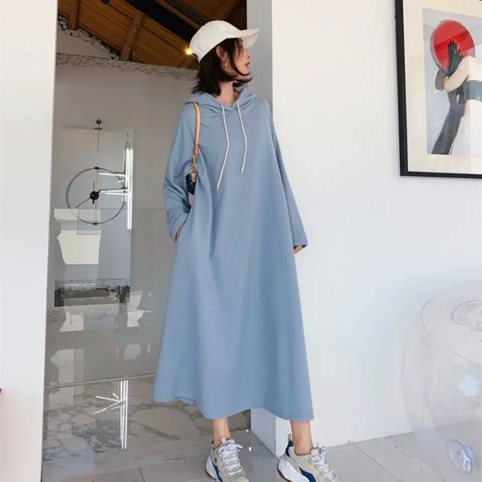 Oversized Autumn 2024 New Casual Korean Solid Color V-neck Long Sleeve Blouse Tshirt Dress Women\'s Simplicity Casual Dresses