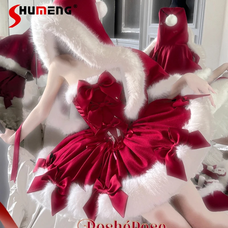 

Christmas Party Red Dress Cape Set 2025 Winter New Warm Thickened Women's Cute Girls Lolita Plush Dress Princess Ball Gown Dress