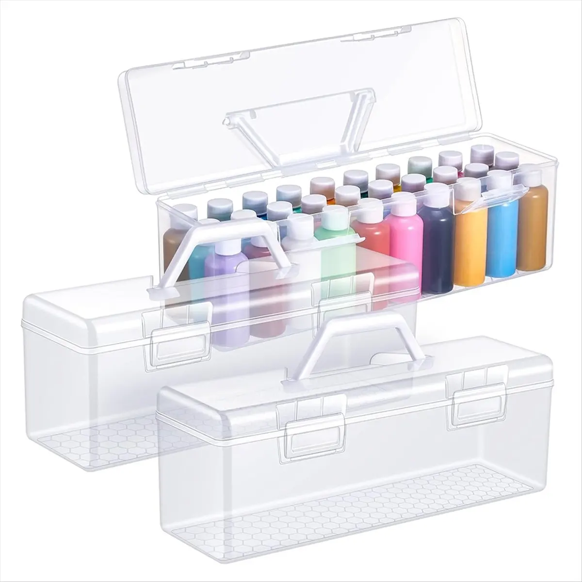 MALL 3 Pcs Paint Storage Box for 2 Fl. Oz Acrylic Paints, Acrylic Portable Craft Art Organizer with Handle, 30 Bottles White