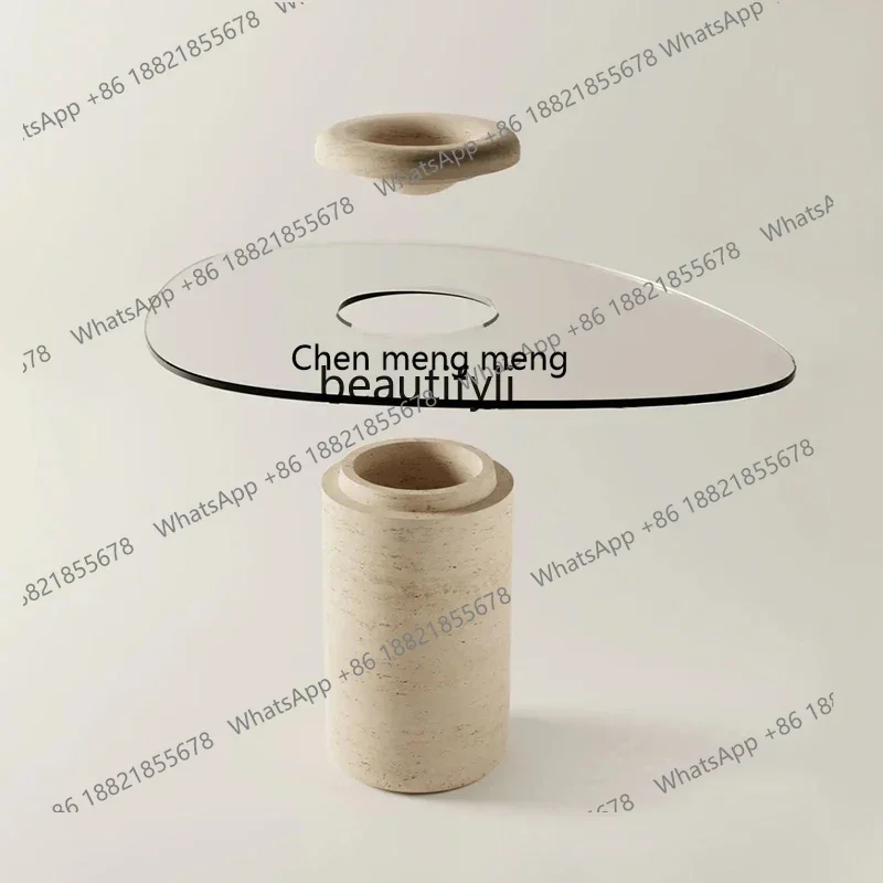 CC182Natural mesa de centro creativa de forma especial para sala de estar de vidrio con borde de travertino mesa de centro pequeña medieval R