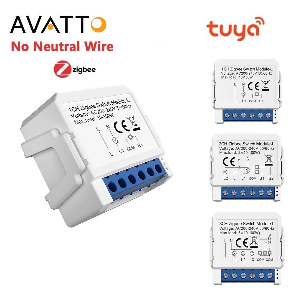 AVATTO Tuya ZigBee Smart Light Switch No Neutral Relay Module 1/2/3 Gang Smart Life/Tuya App Control,Work with Alexa Google Home