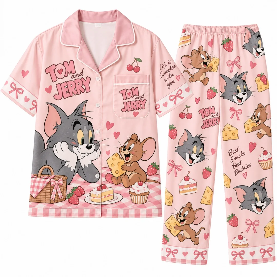 Tom and Jerry Cartoon Pajama Set Cartoon Casual Home Clothes Leisure Men's T-Shirt Kid's Clothing Woman Sleepwear Loungewear ﻿