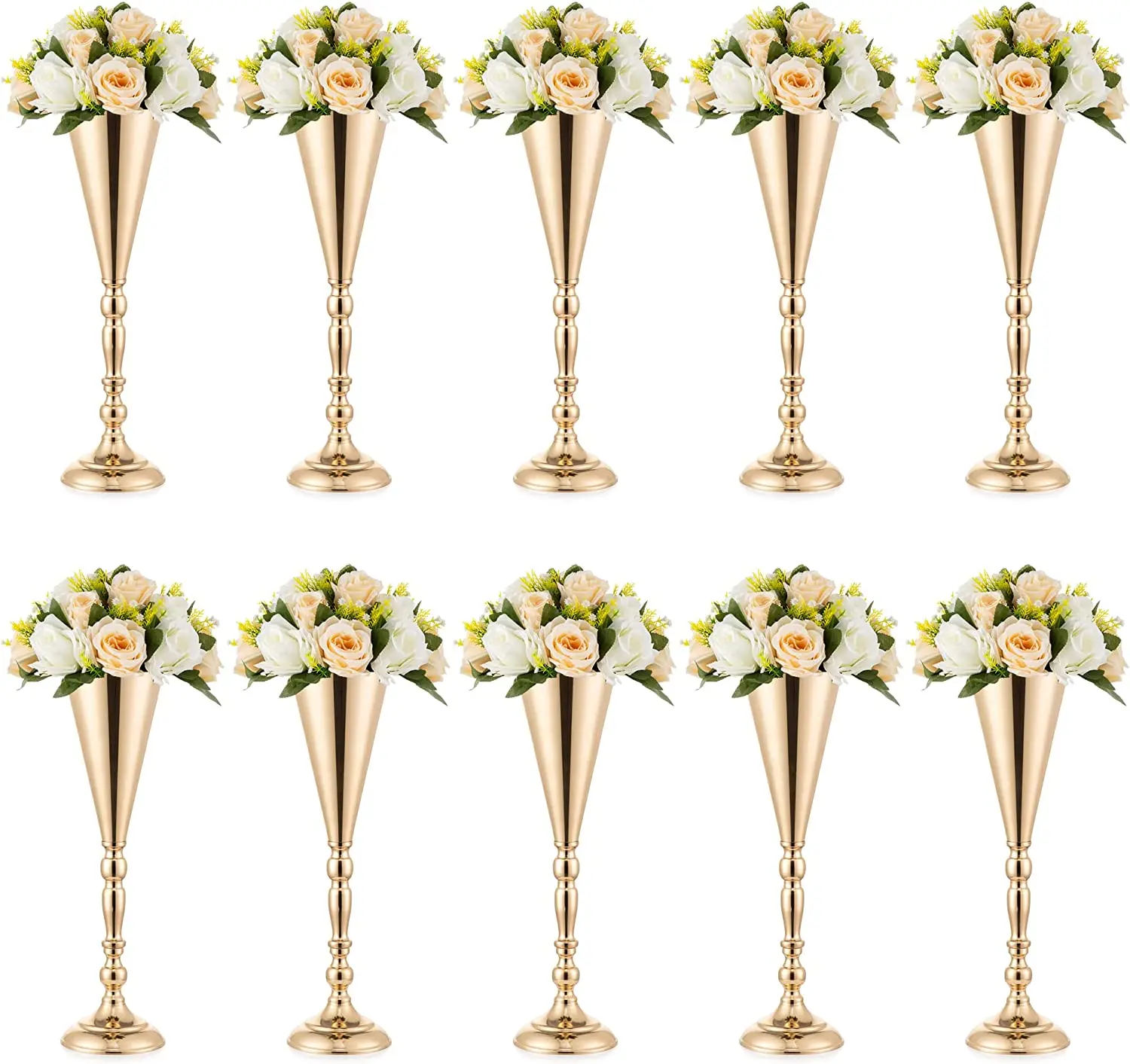 10 Pcs Gold Metal Wedding Flower Trumpet Vase, Table Decorative Centerpiece Artificial Flower Ceremony Party Birthday Event