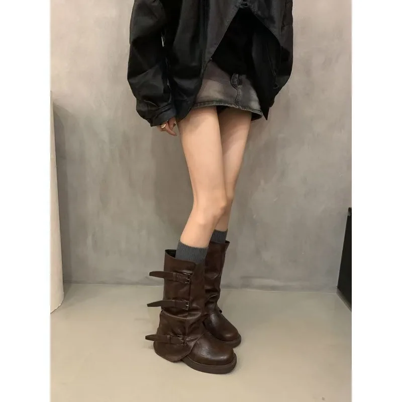 Ladies Pleated Slouchy Mid Boots, Multi Metal Buckle, Round Toe Thick Platform, Vintage Faux Leather Street Trendy Boots