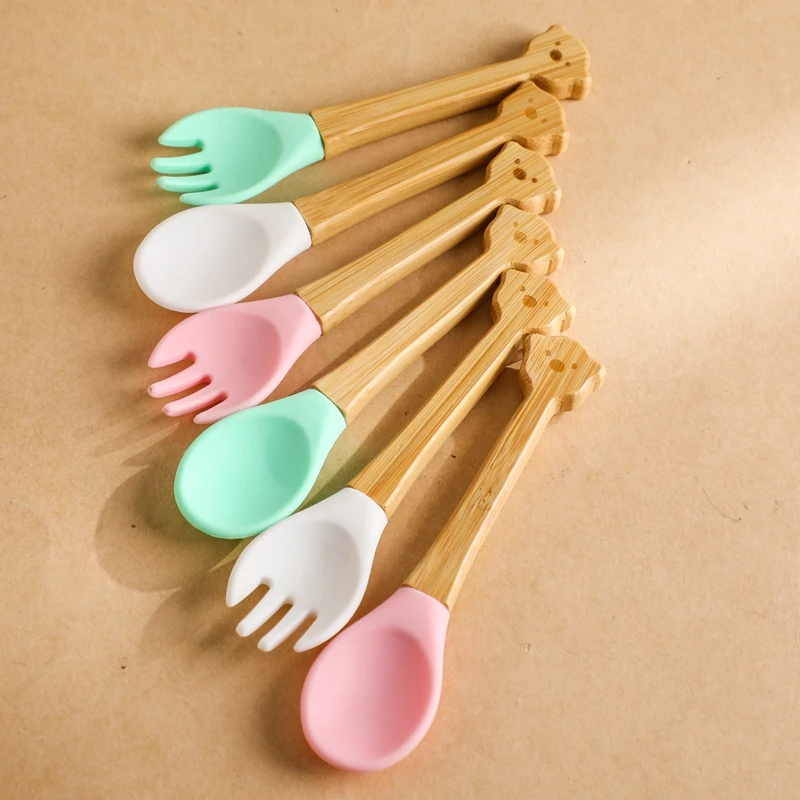 

Children Silicone Soup Spoon Fork Non-toxic Tableware Bamboo Tableware Baby Feeding Learn To Eat Training Tableware