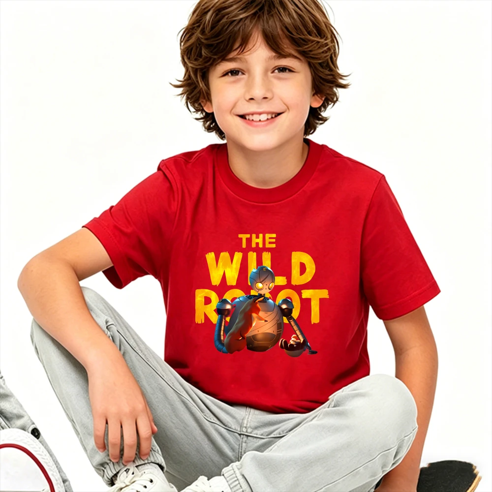 Kids The Wild Robot Large Bold Letter 3D Robot Fox Print T‑Shirt Boys Girls Short Sleeve Tee Children Cotton Daily Casual Tops