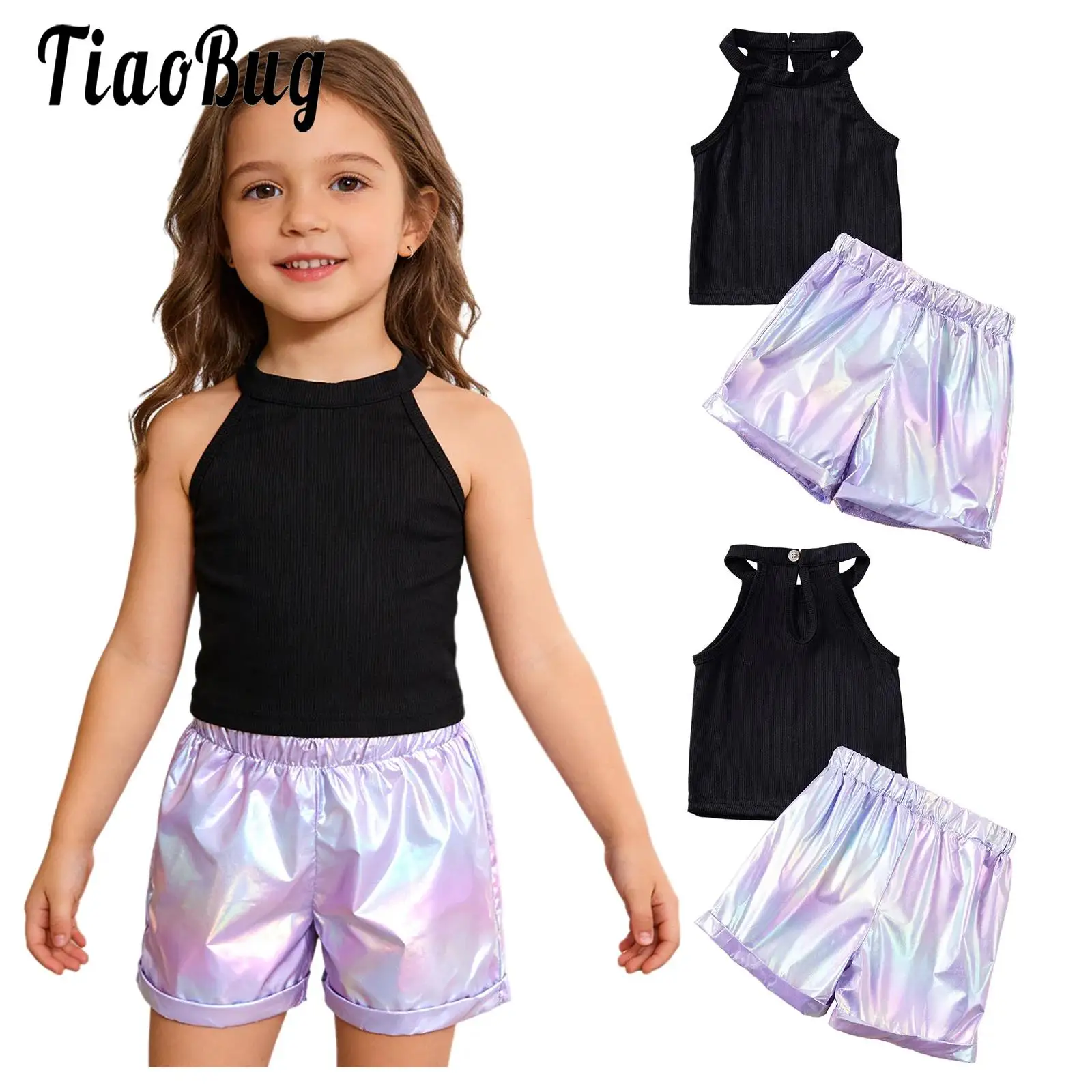 

Summer Kid Girls Casual 2-Piece Outfit Sleeveless Halter Ribbed Crop Top With Metallic Shorts for Birthday Vacation Travel Beach