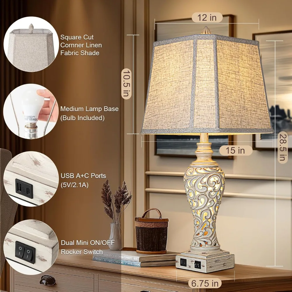 28.5" Table Lamps Set of 2 with Nightlight, USB C+A Ports, Linen Shades for Bedroom view 2