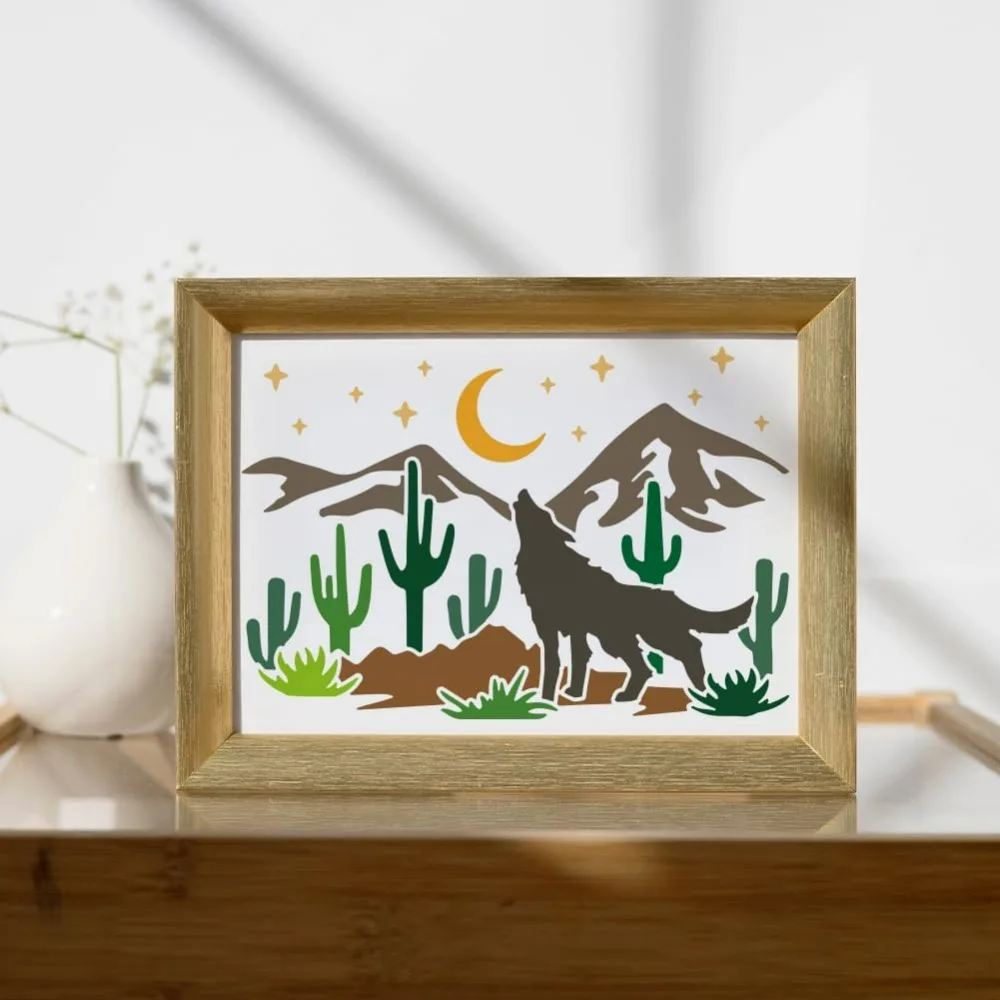 A4 Size Wolf Desert Stencil Howling Wolf Template Desert Night Scene Stencil for Painting on Wood Wall Fabric Home Decor