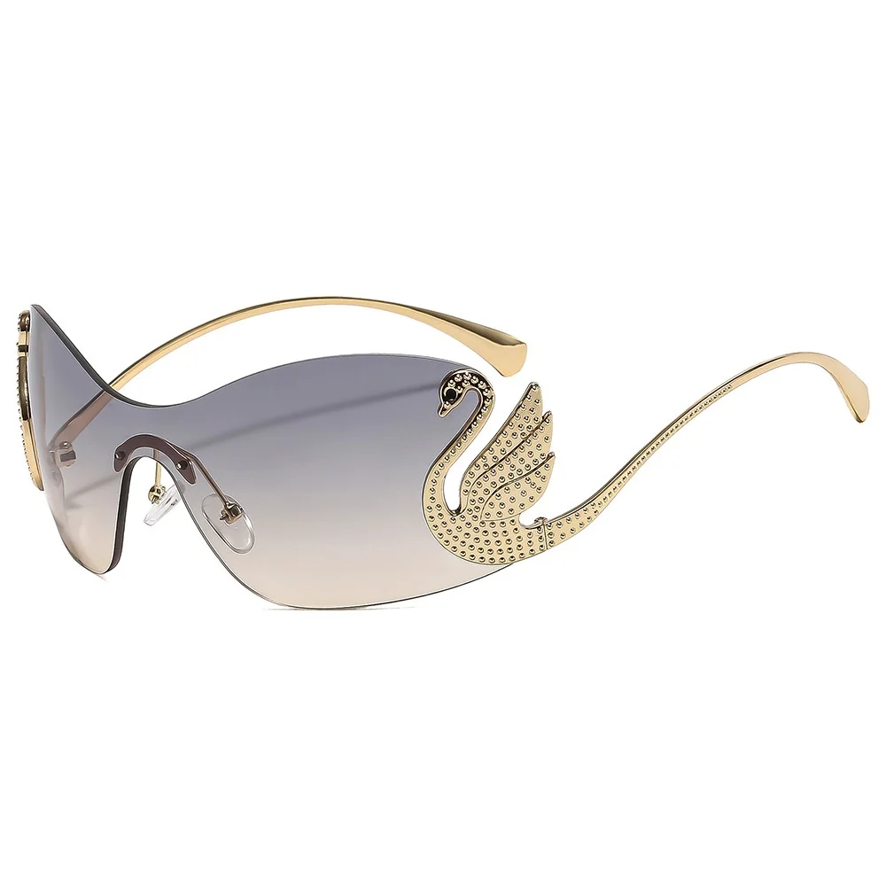 

New Fashion Women Oversized Frameless Sunglasses Ins Luxury Personality Swan Inlaid Integrated Gradient Lens Sun Glasses UV400