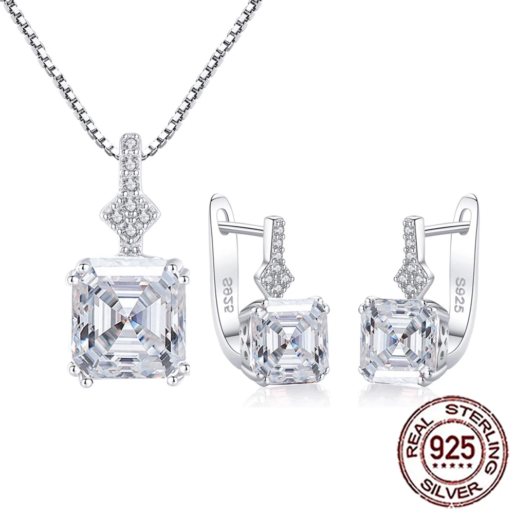 QooLady 925 Sterling Silver Shiny Cubic Zirconia Square Hoop Earrings Necklace for Women Fine Christmas Party Jewelry Sets ST018