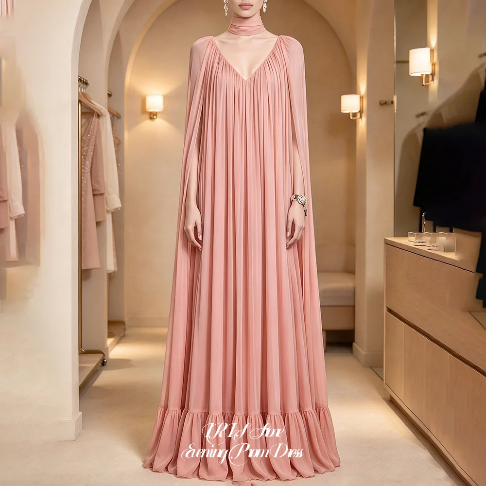 IRIS Elegant High Neck Wrap Choker Cape Sleeve Deep V Back Pearl Button Pleated Chiffon Ruffle Hem Robes Evening Gowns for Women